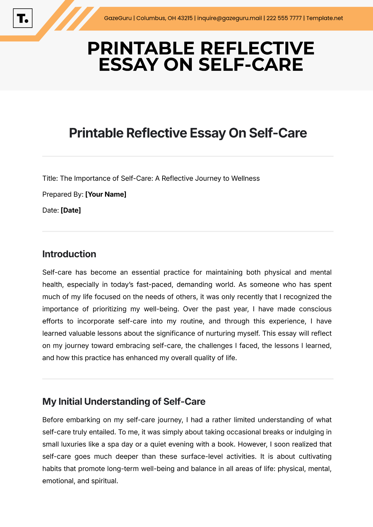 Printable Reflective Essay On Self-Care Template - Edit Online & Download