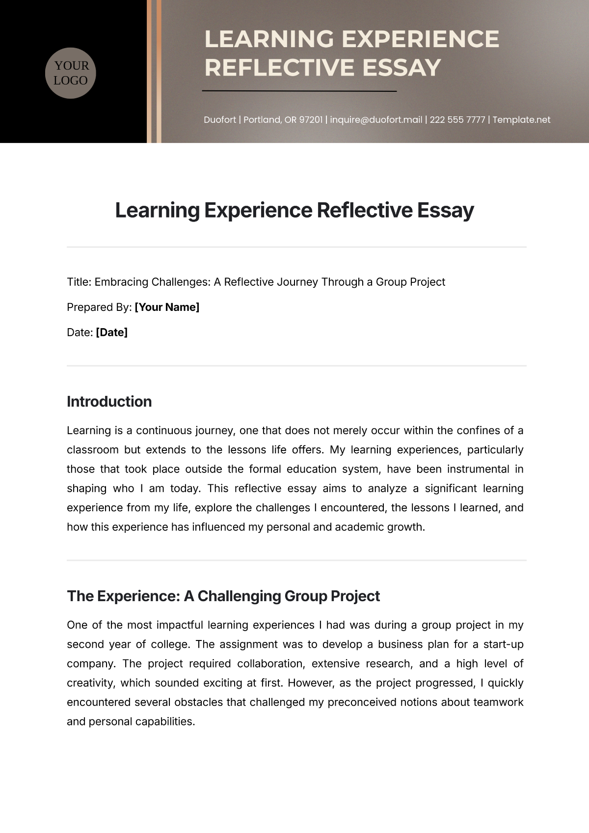 Learning Experience Reflective Essay Template - Edit Online & Download