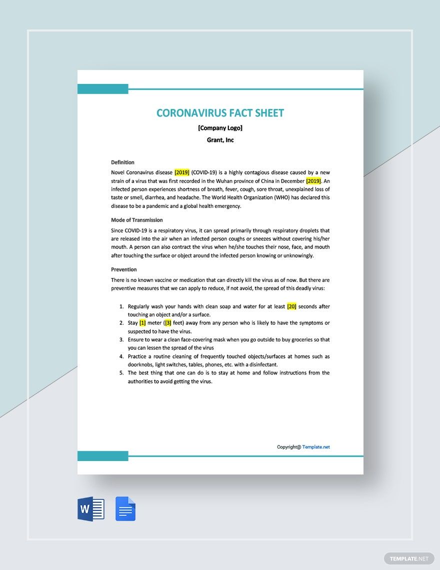 Coronavirus Fact Sheet Template in Word, Google Docs