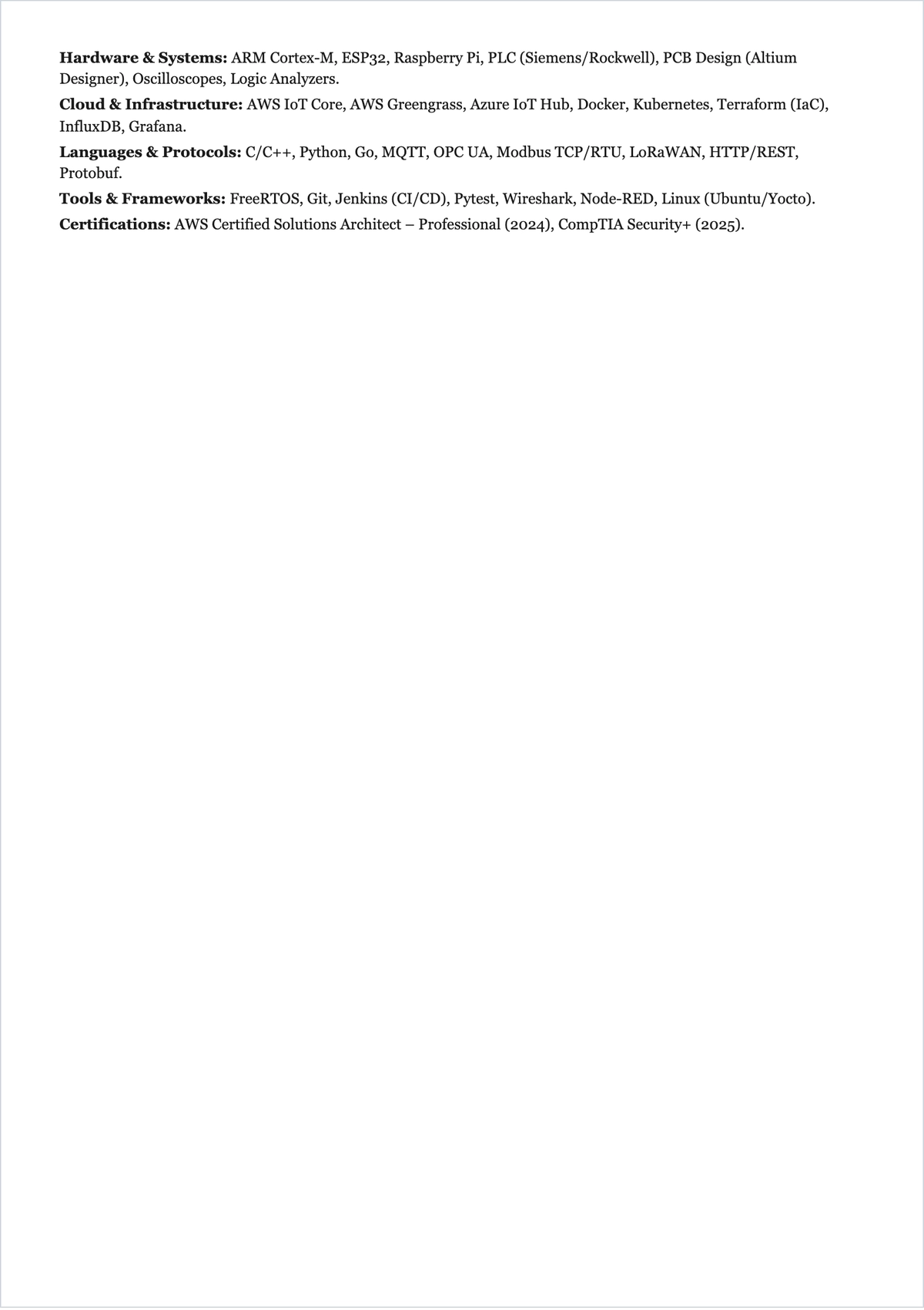 Free IoT Engineer ATS Resume Template, AI Resume Builder