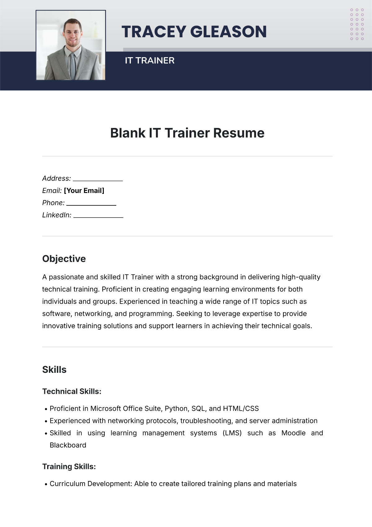 Blank IT Trainer Resume Template - Edit Online & Download