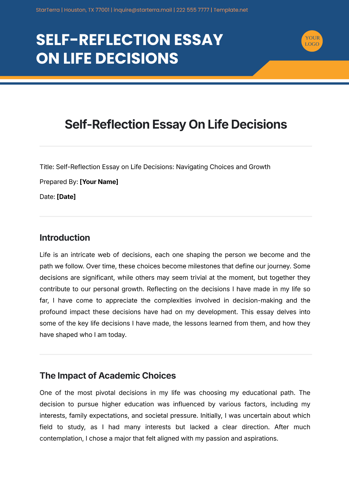 Self-Reflection Essay On Life Decisions Template - Edit Online & Download