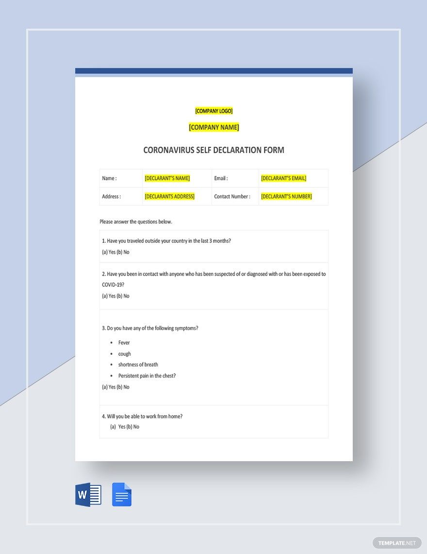 Coronavirus Self Declaration Form Template Word Google Docs 