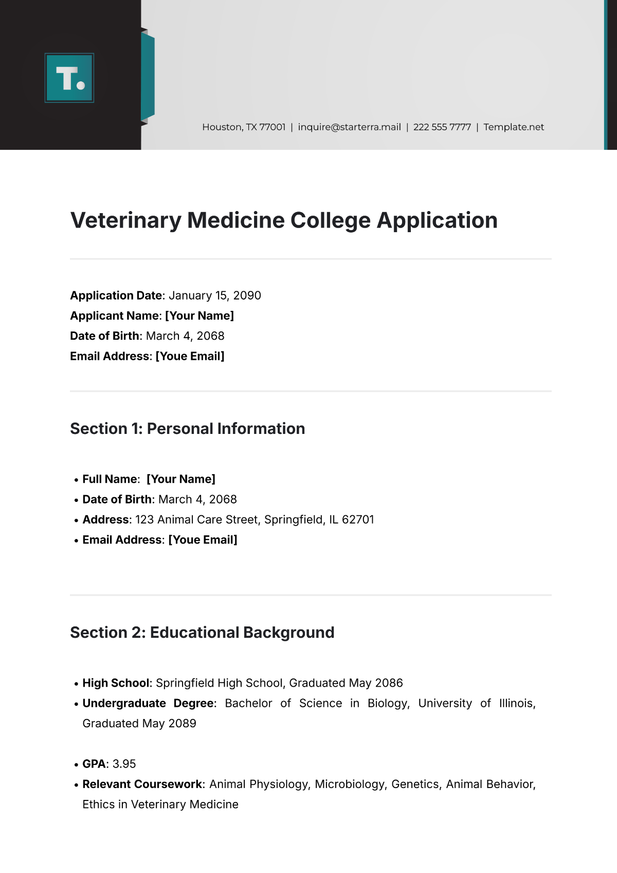 Veterinary Medicine College Application Template - Edit Online & Download