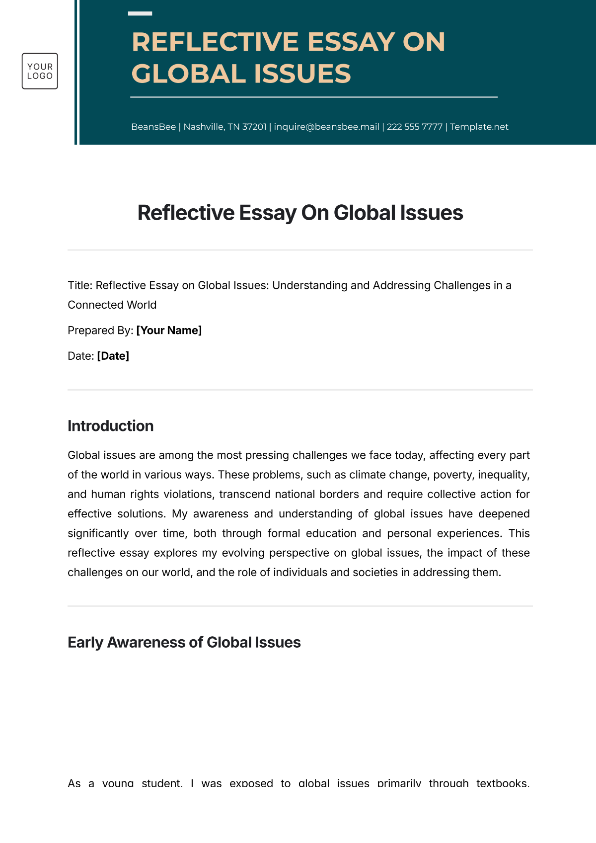 Reflective Essay On Global Issues Template - Edit Online & Download