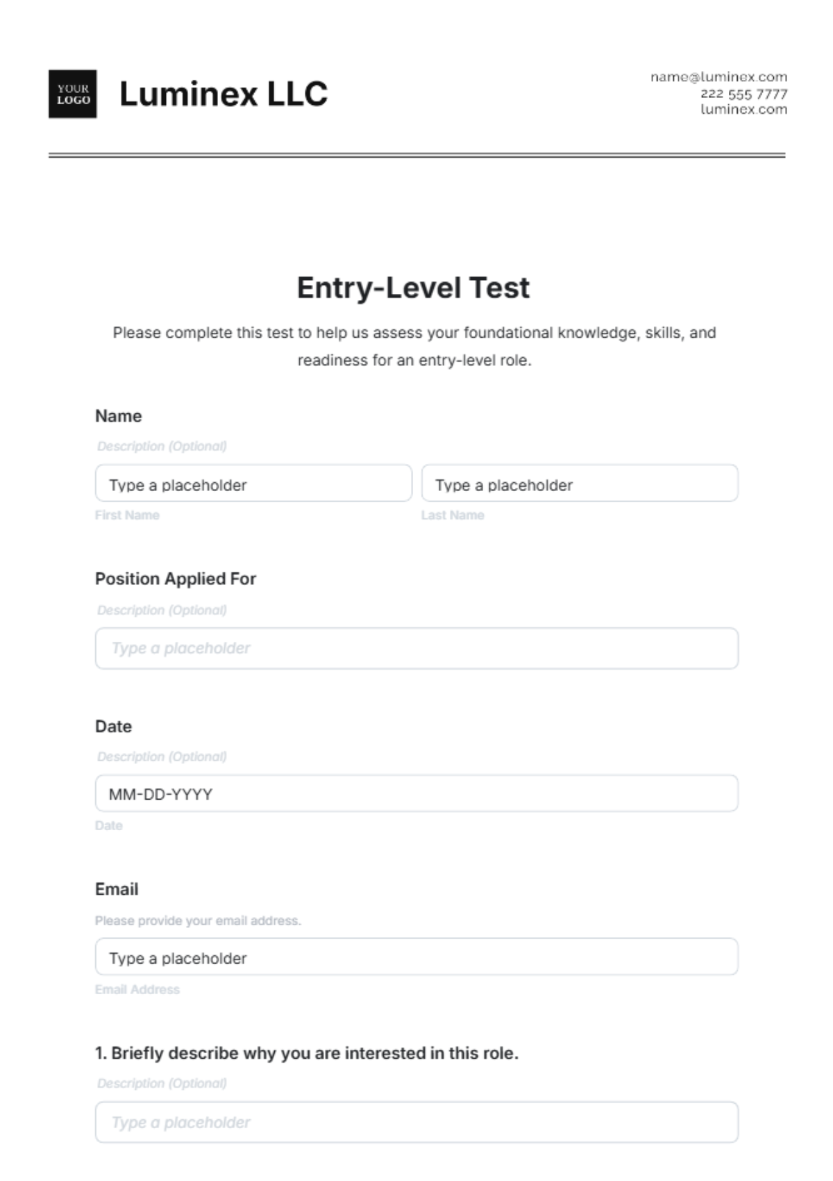 Entry-Level Test Template - Edit Online & Download