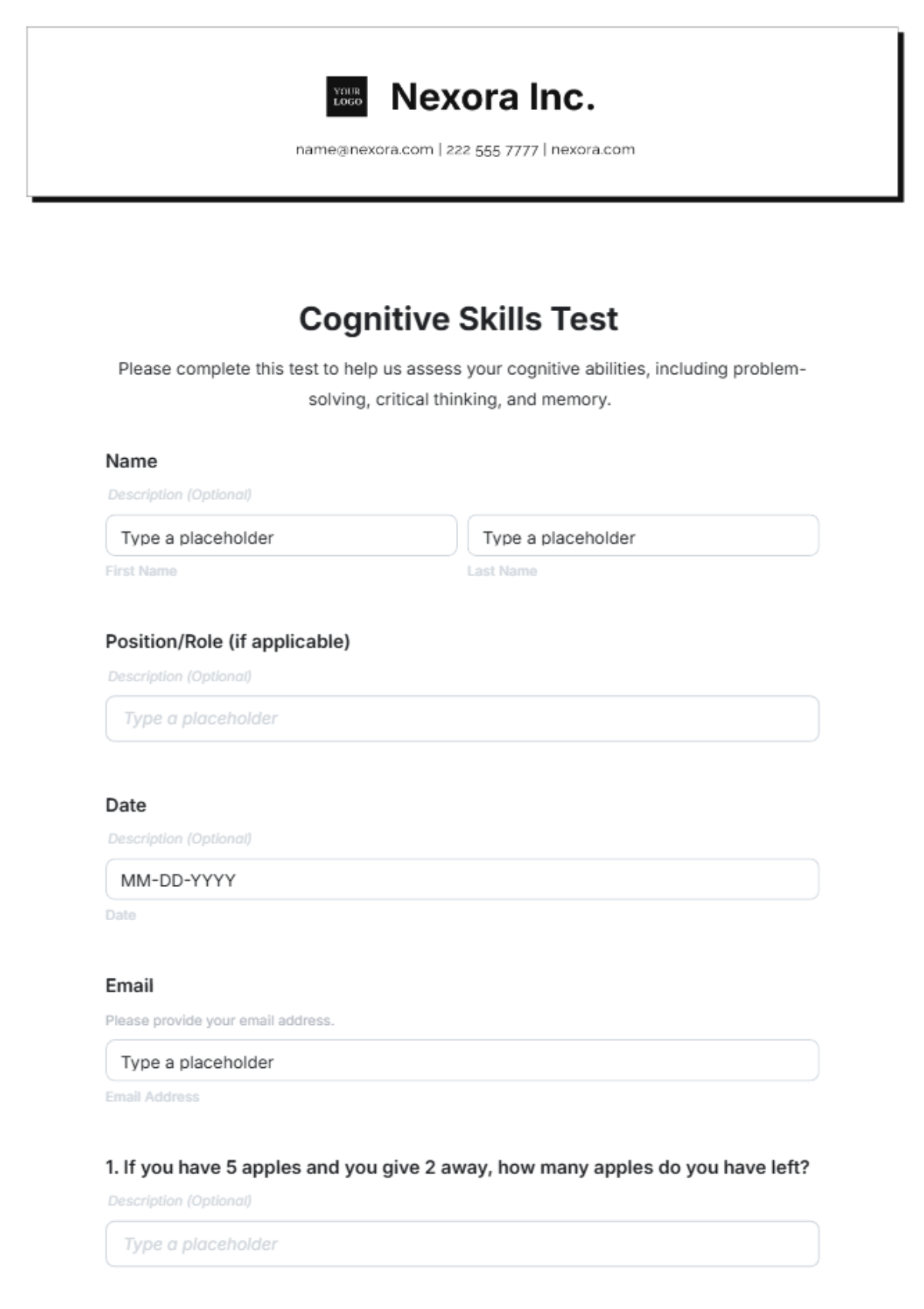 Cognitive Skills Test Template - Edit Online & Download