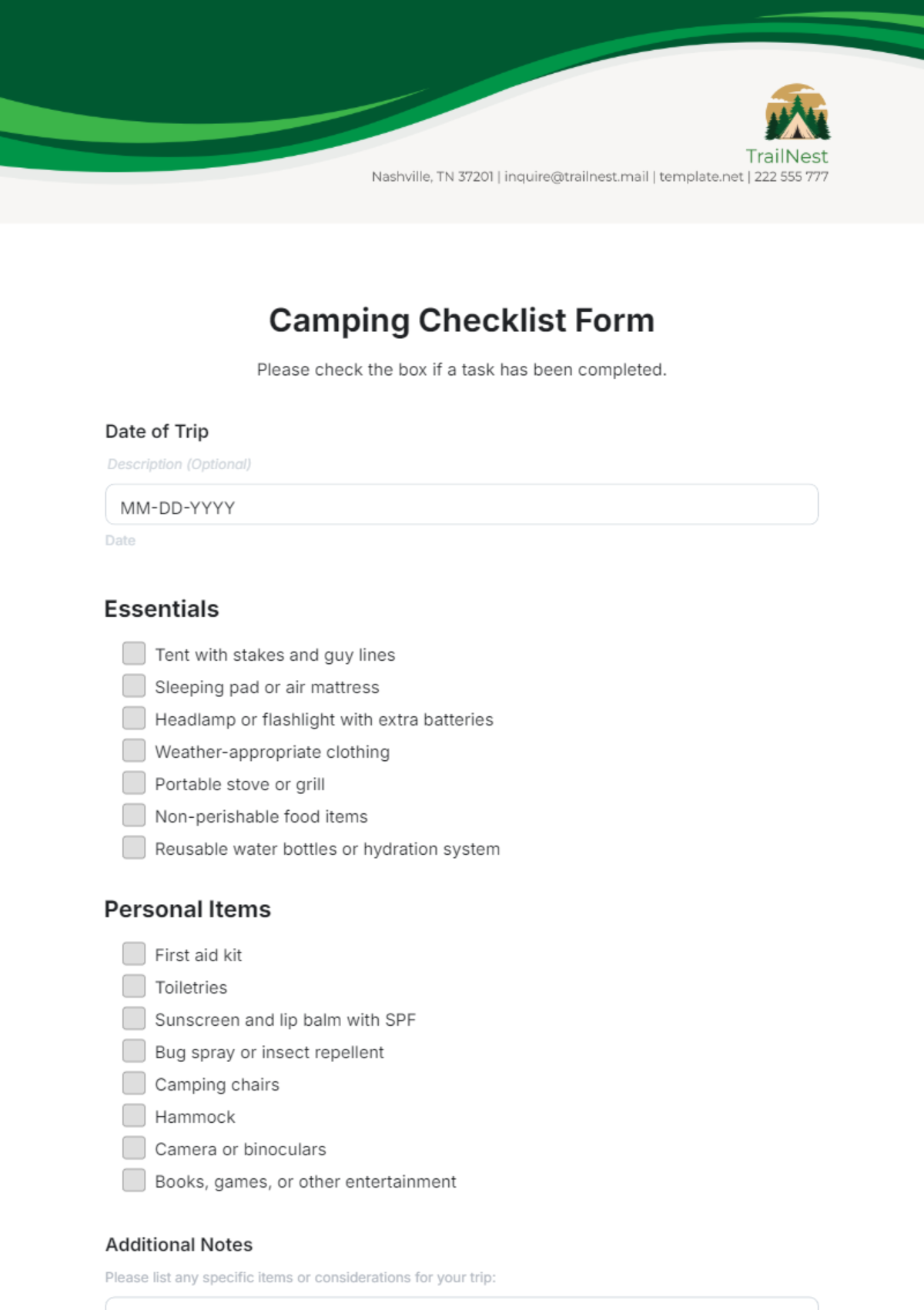 Camping Checklist Form Template - Edit Online & Download