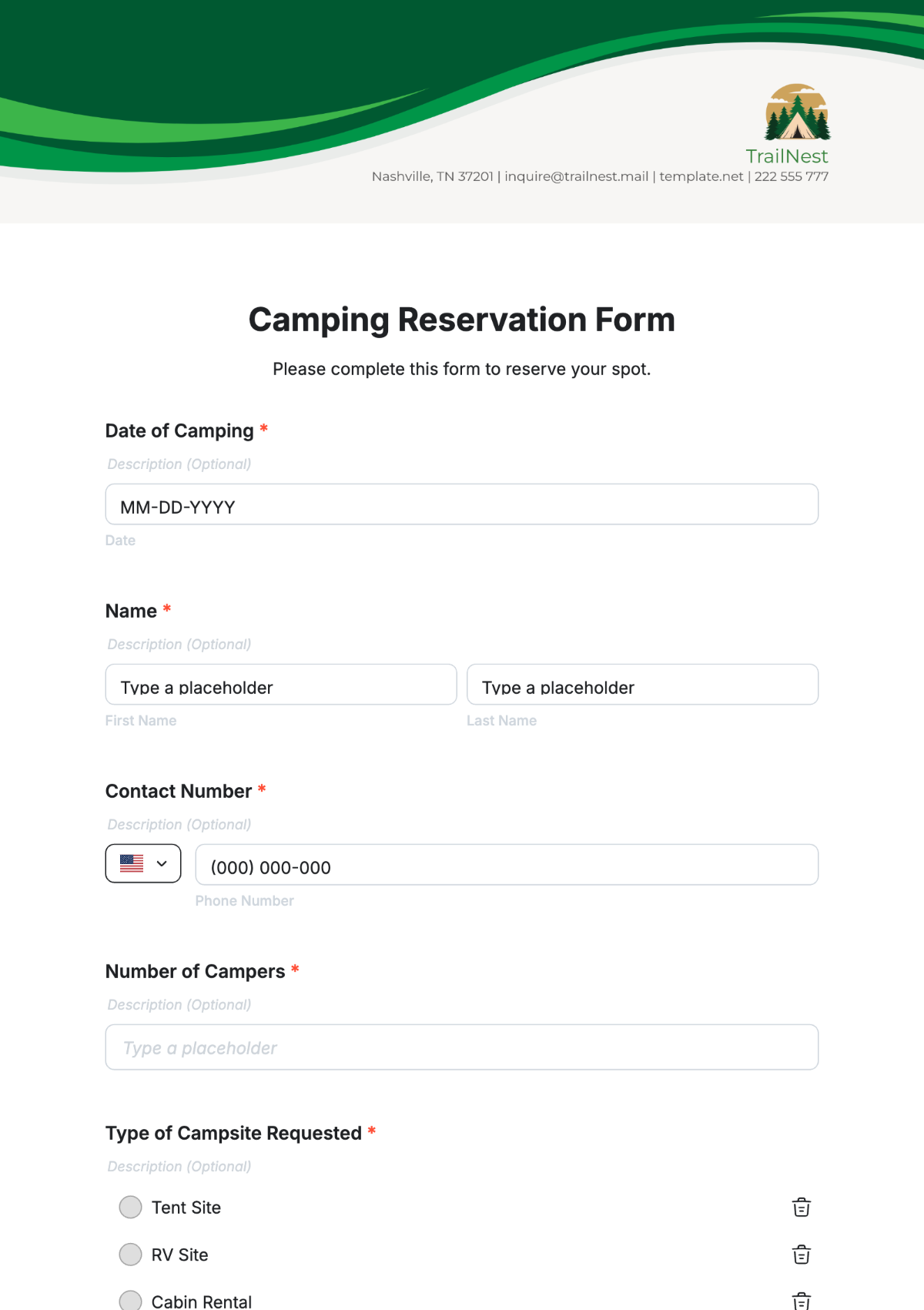 Camping Reservation Form Template - Edit Online & Download