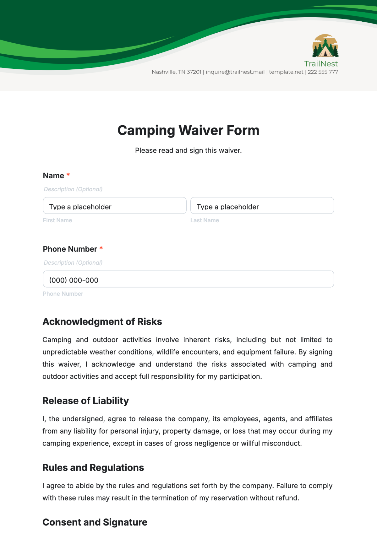 Camping Waiver Form Template - Edit Online & Download