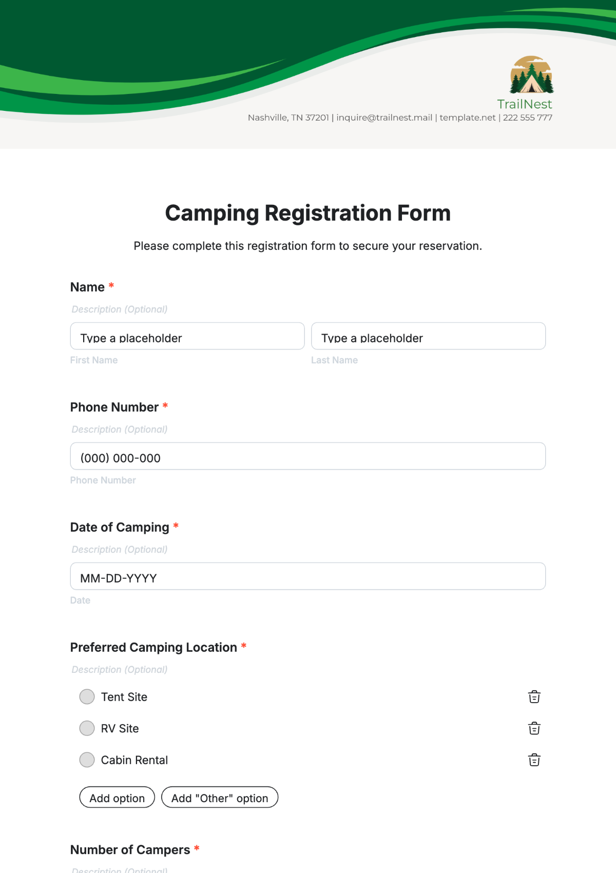 Camping Registration Form Template - Edit Online & Download