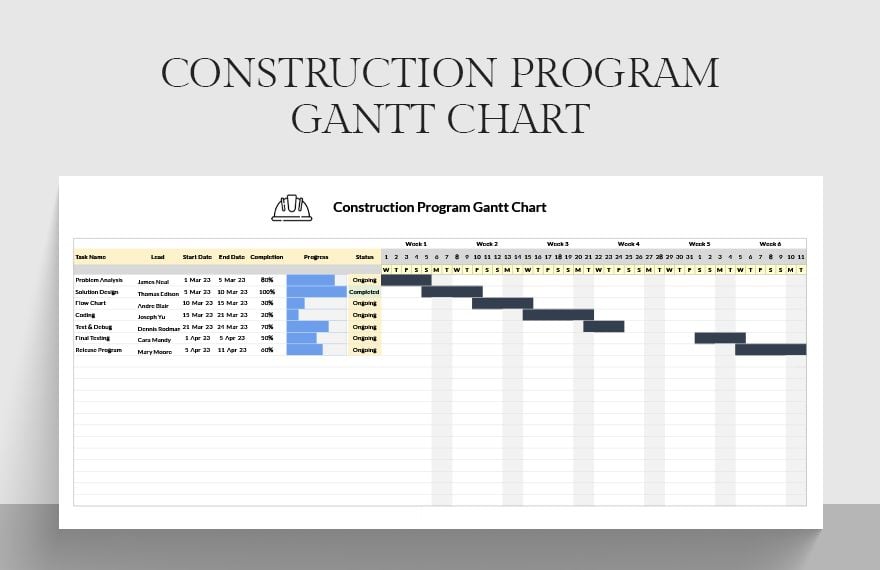 Construction Program Gantt Chart Template in Excel, Google Sheets
