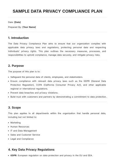 Free Sample Data Privacy Compliance Plan  Template to Edit Online