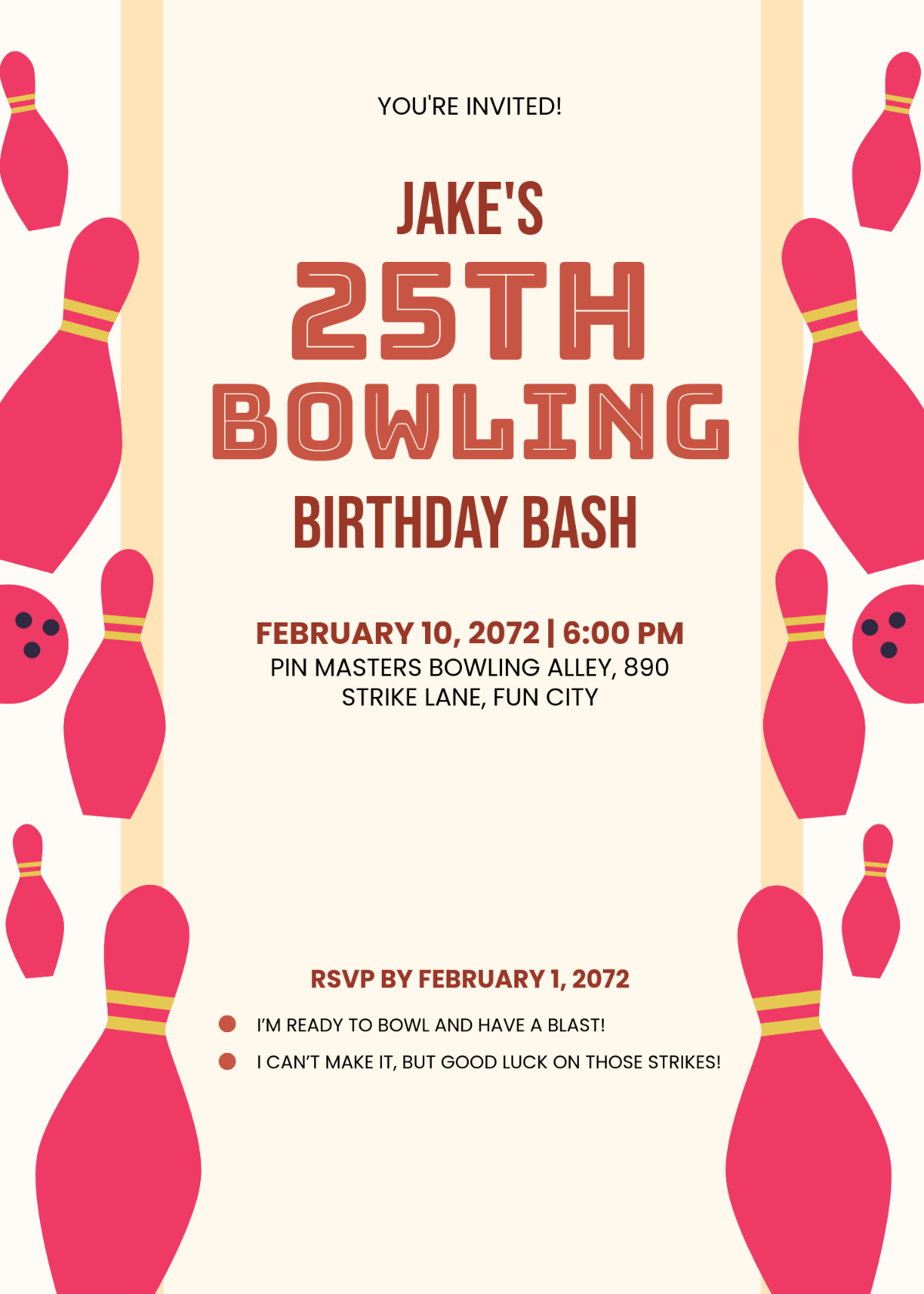 Bowling RSVP Card Invitation Template - Edit Online & Download