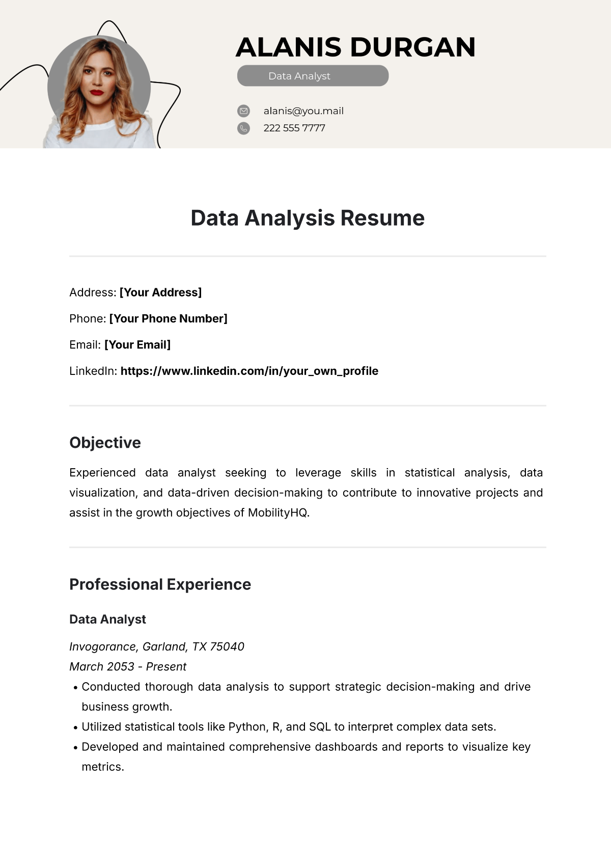 Data Analysis Resume Template - Edit Online & Download