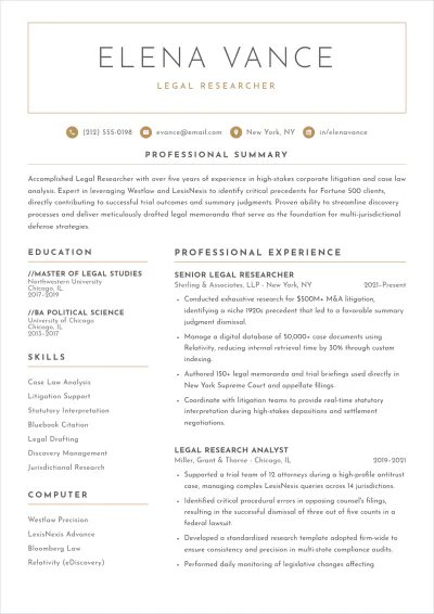 Free Legal Research ATS Resume Template, AI Resume Builder