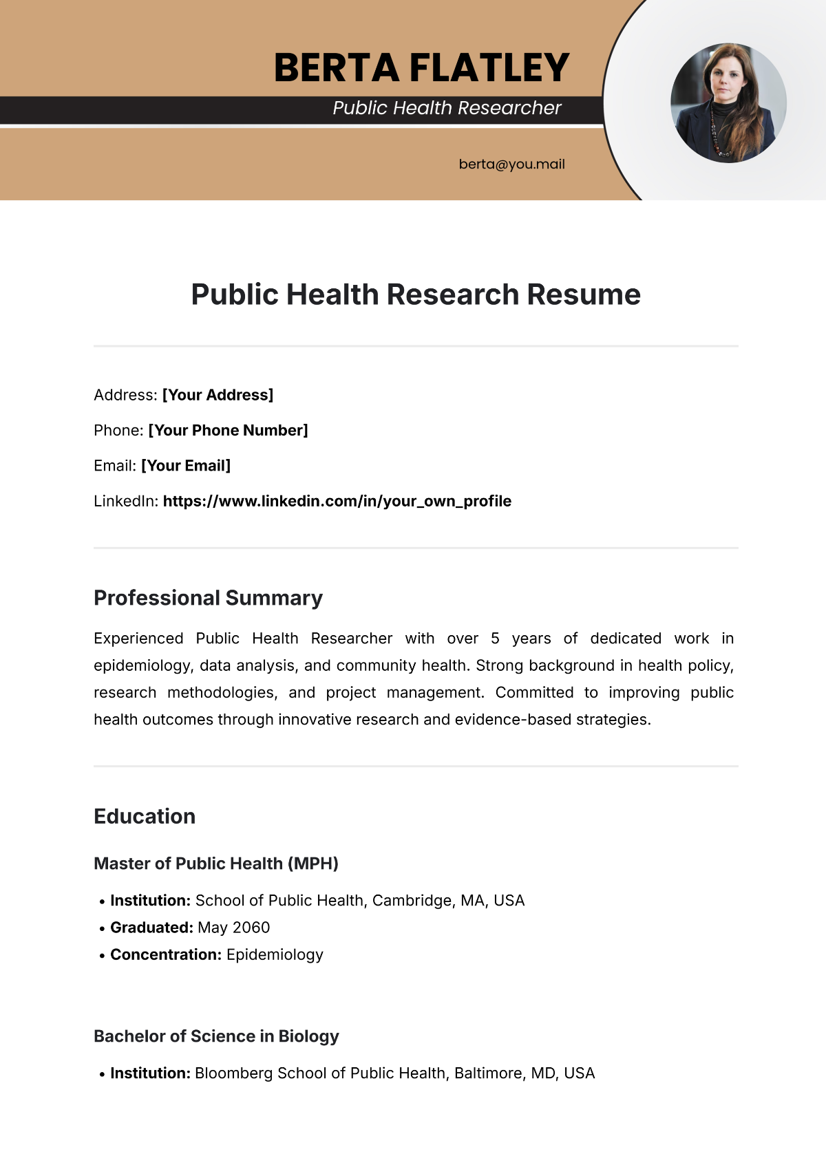 Public Health Research Resume Template - Edit Online & Download