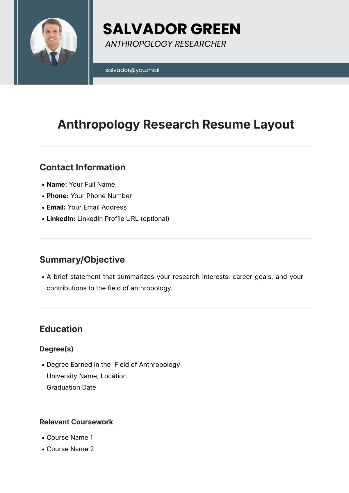 Anthropology Research Resume Layout Template - Edit Online & Download