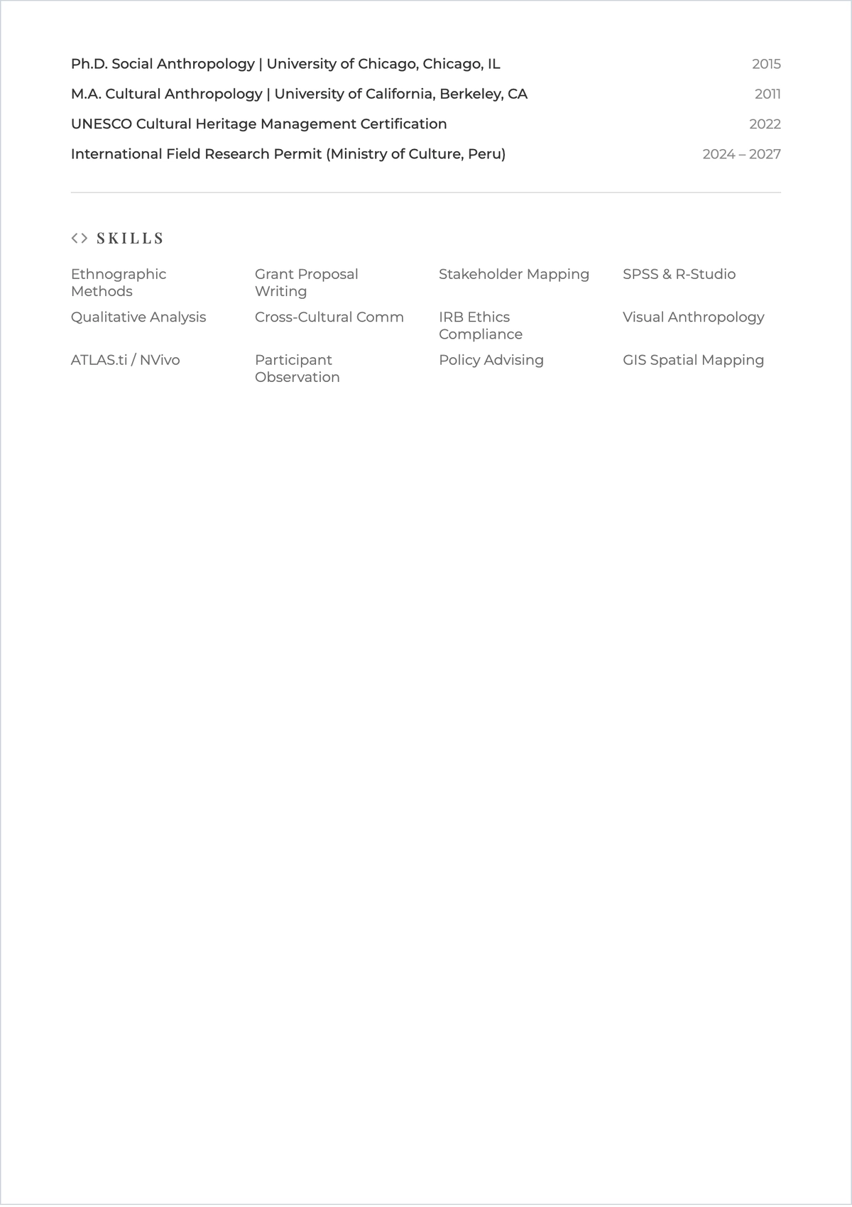 Free Anthropology Research ATS Resume Template, AI Resume Builder