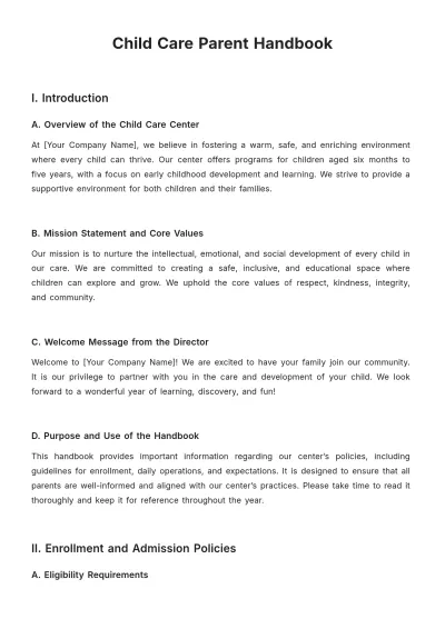 Free Child Care Parent Handbook Template to Edit Online | Template.net to Edit Online
