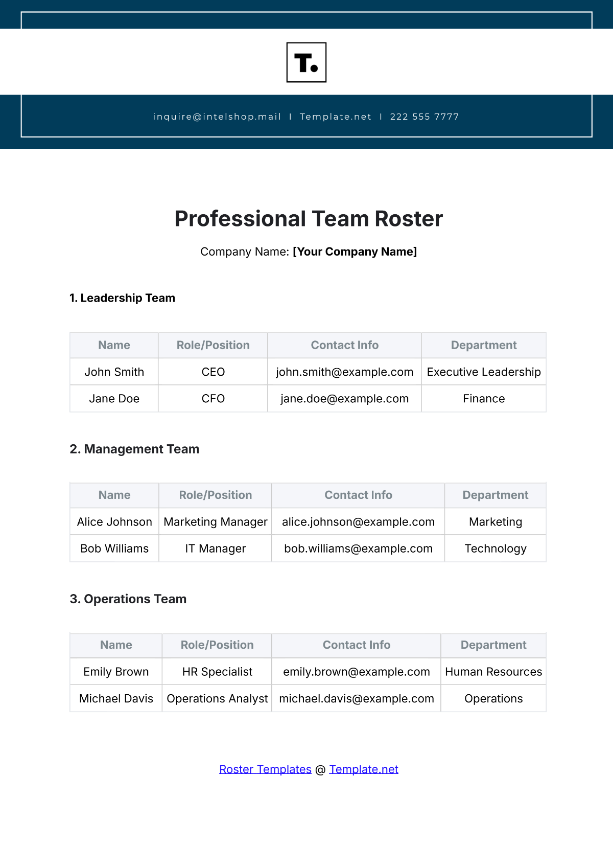 Professional Team Roster Template - Edit Online & Download