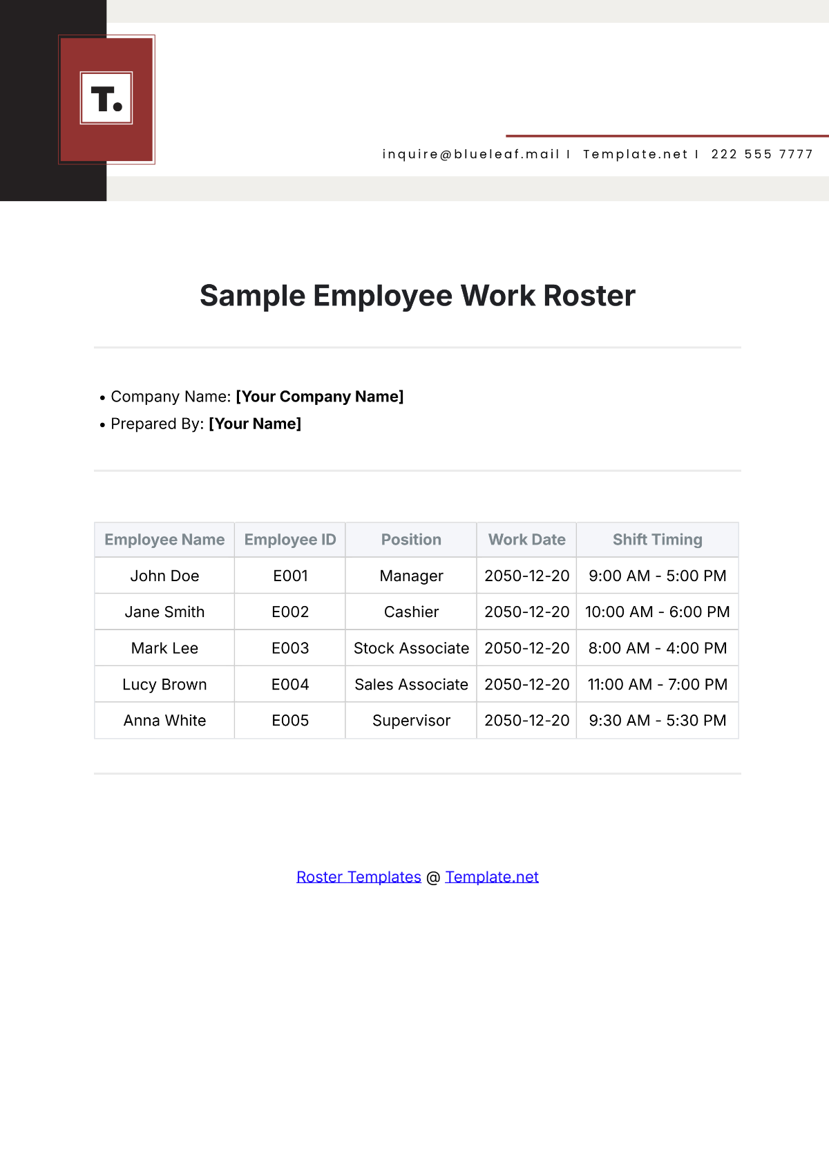 Sample Employee Work Roster Template - Edit Online & Download