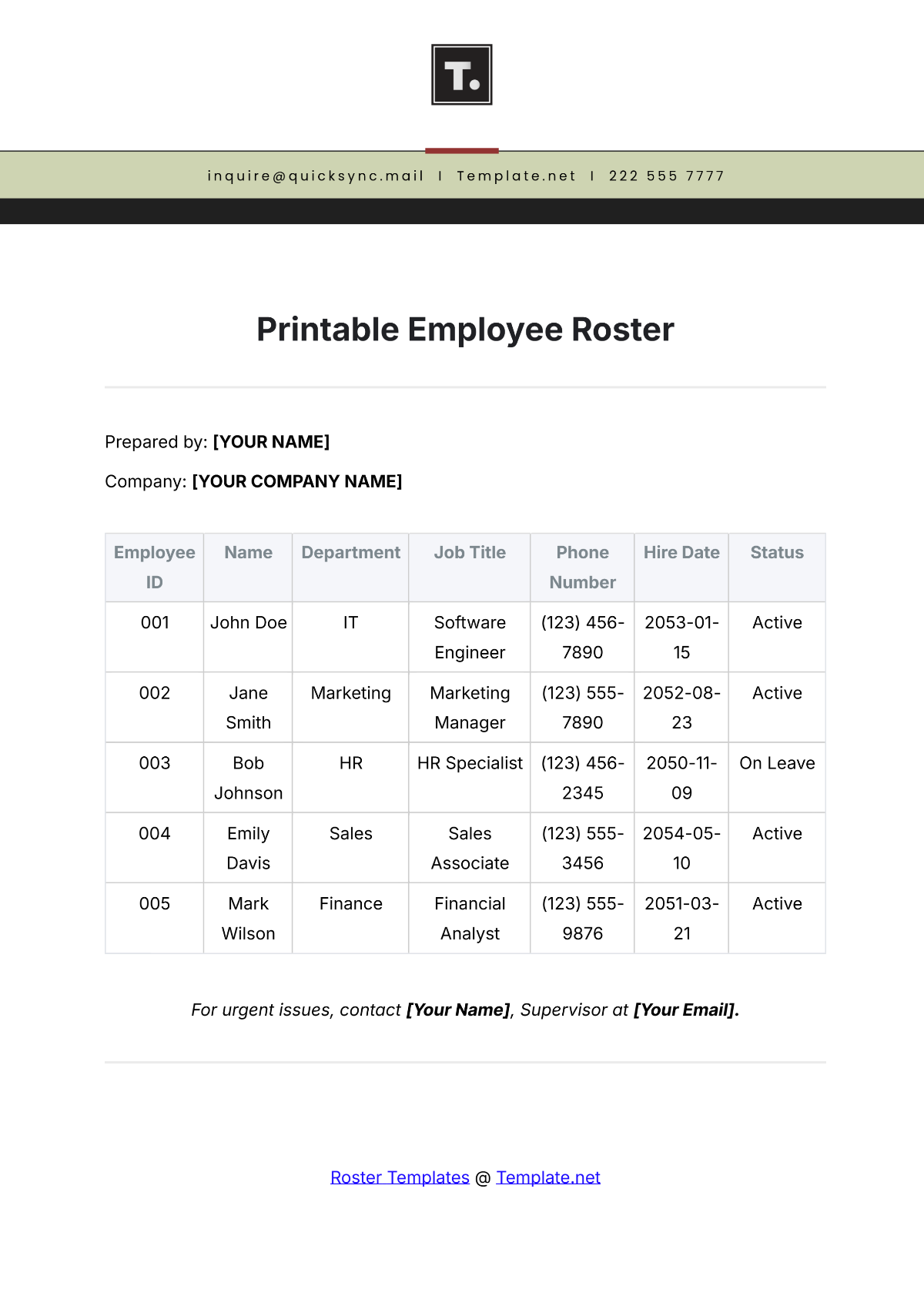 Printable Employee Roster Template - Edit Online & Download