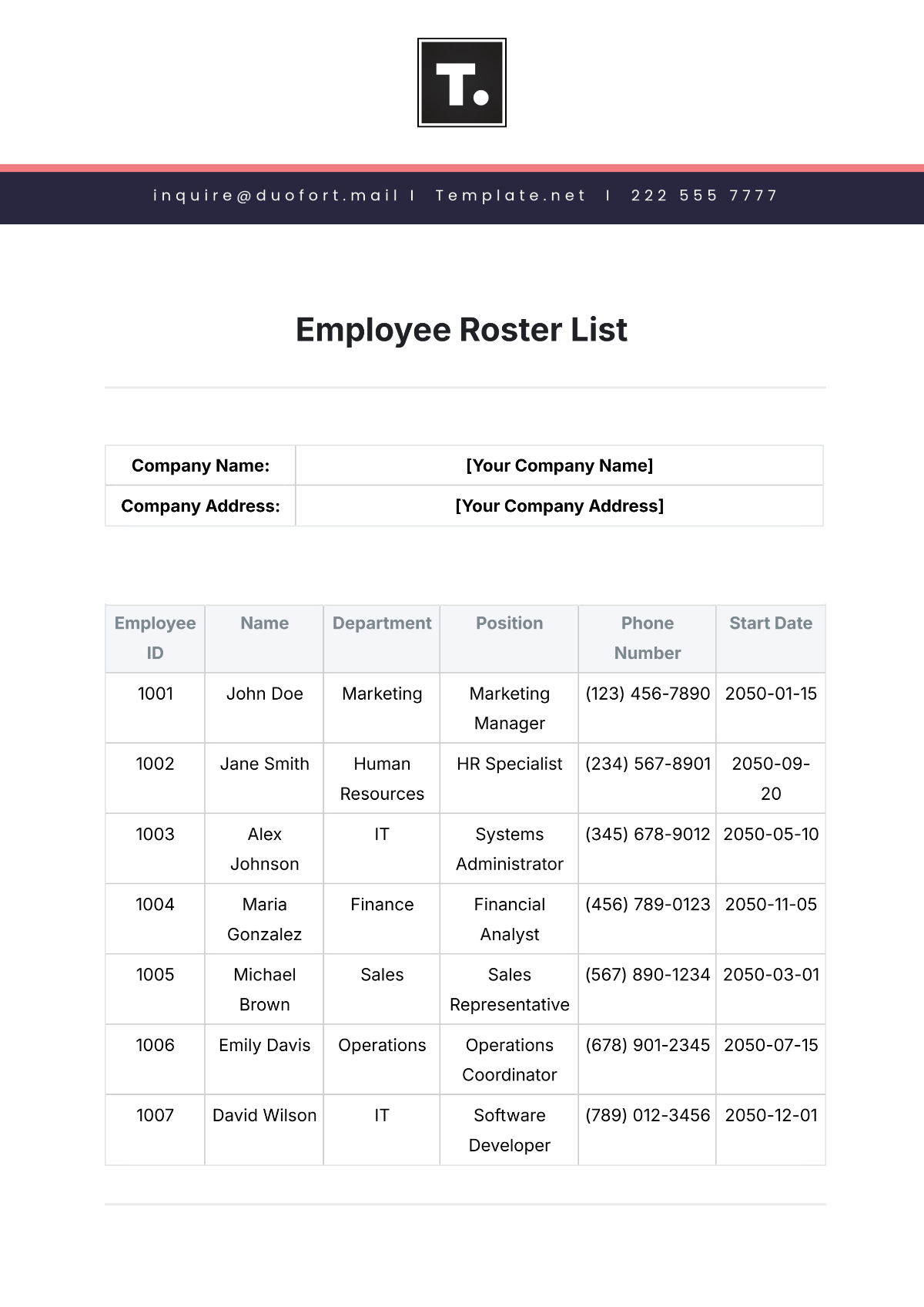 Employee Roster List Template - Edit Online & Download