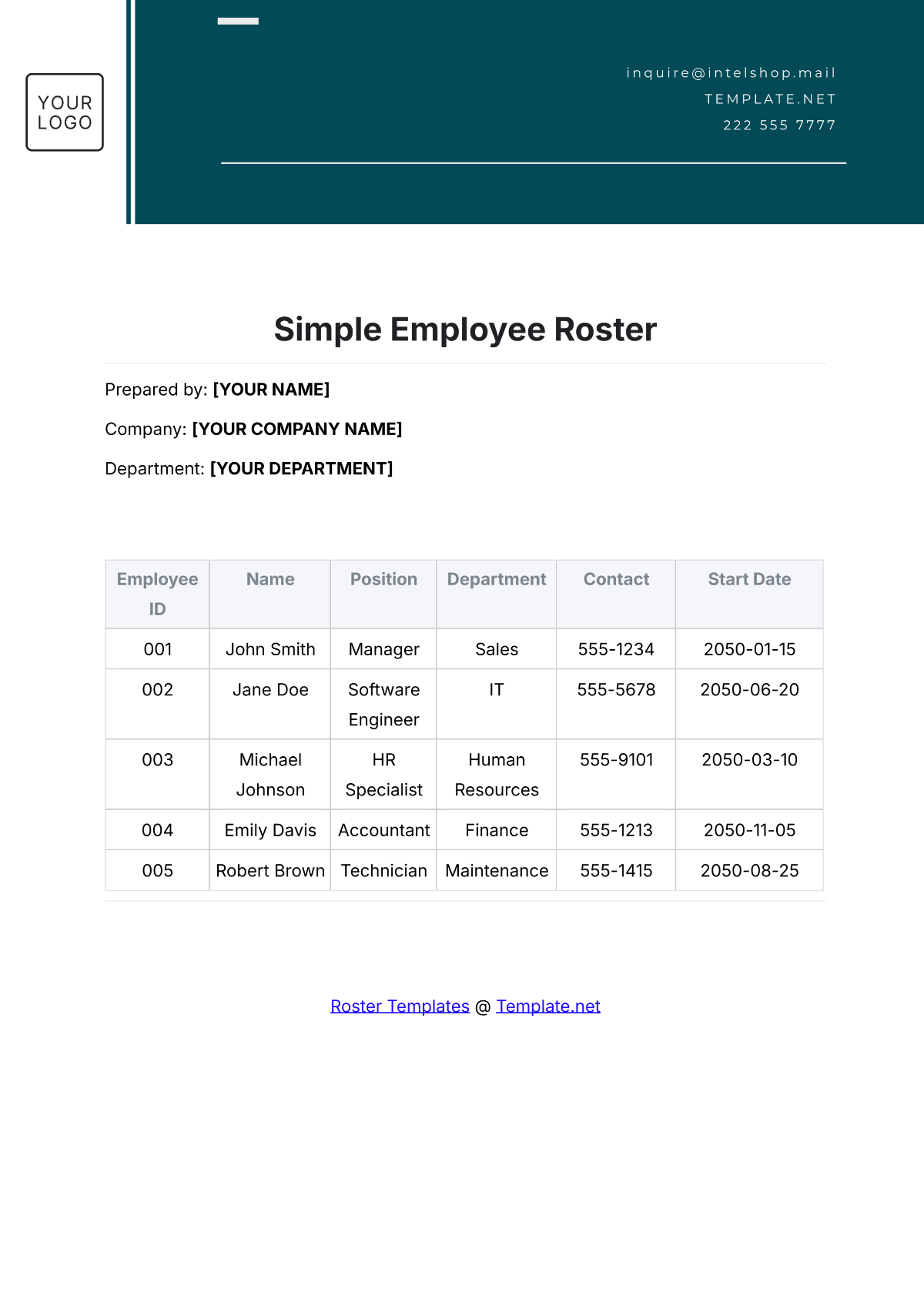 Simple Employee Roster Template - Edit Online & Download