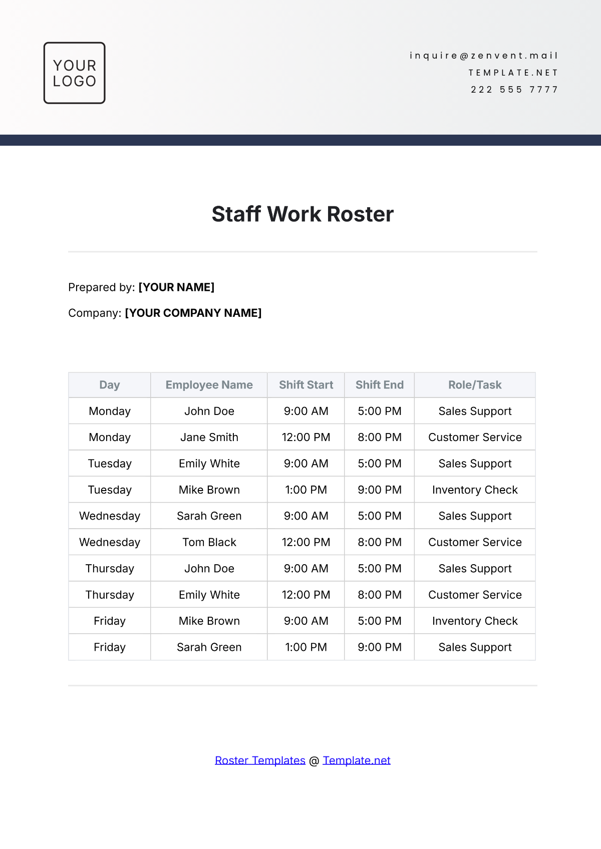 Staff Work Roster Template - Edit Online & Download