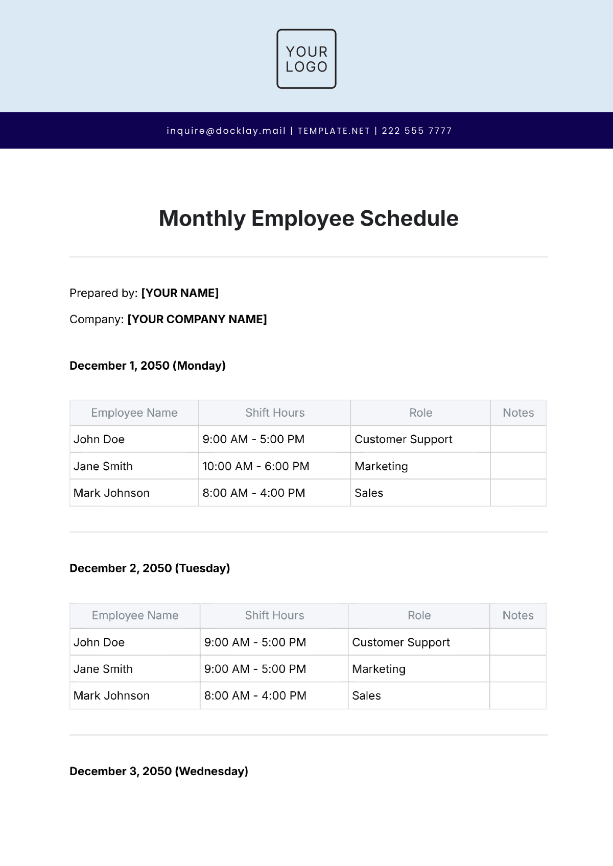 Monthly Employee Schedule Template - Edit Online & Download