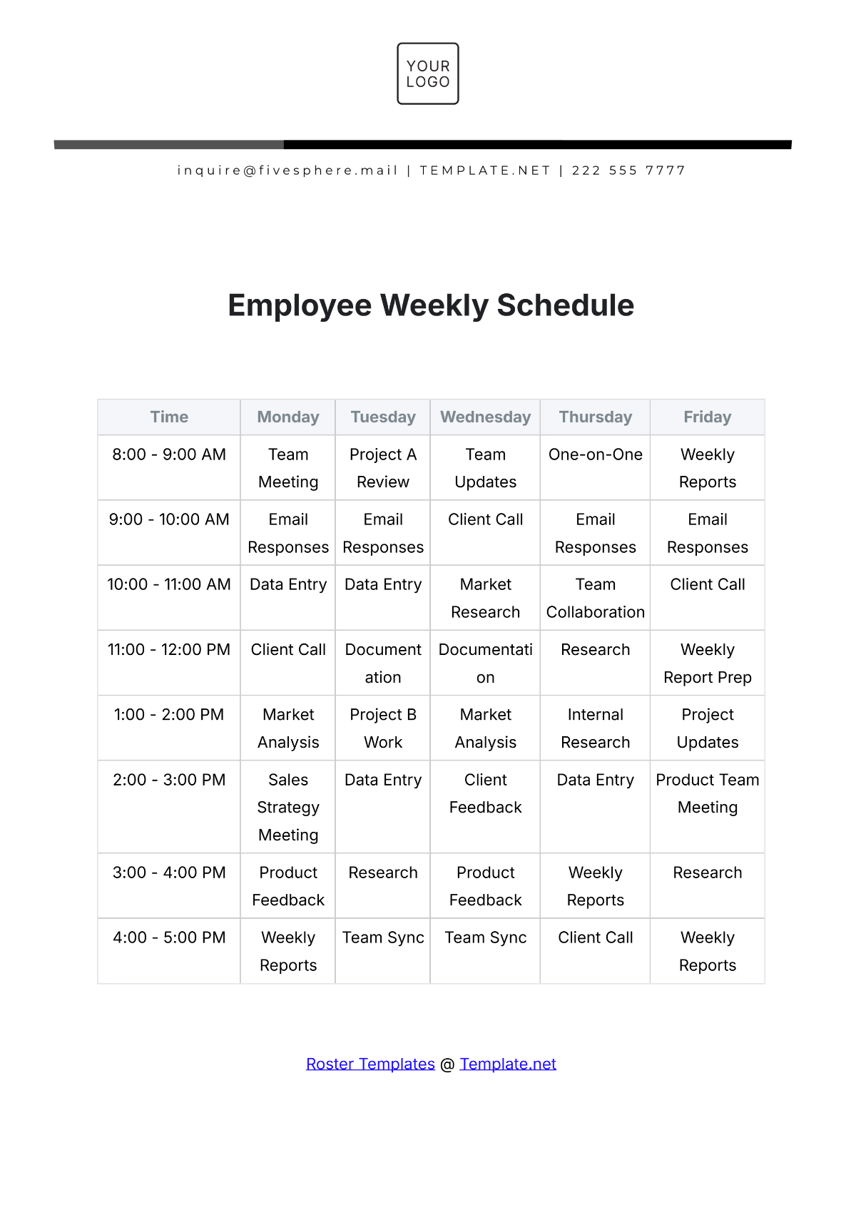 Employee Weekly Schedule Template - Edit Online & Download