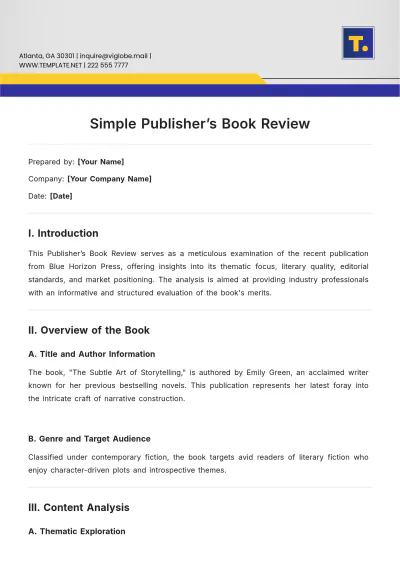 Free Simple Publisher???s Book Review Template to Edit Online