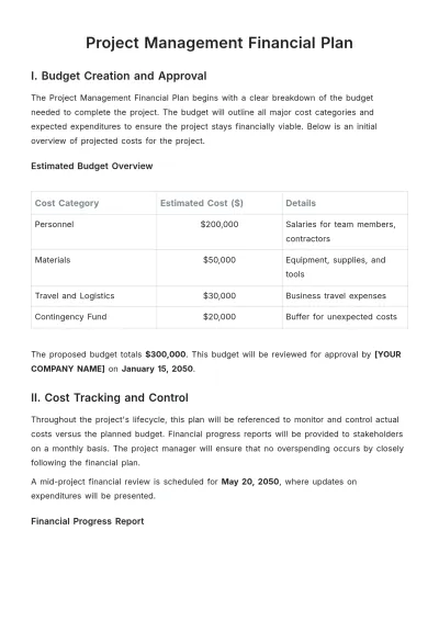 Free Project Management Financial Plan Template to Edit Online