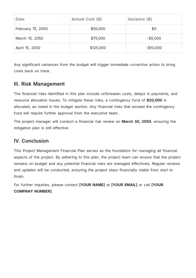Free Project Management Financial Plan Template to Edit Online
