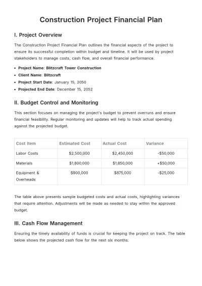 Free Construction Project Financial Plan Template to Edit Online