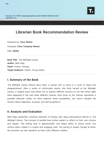 Free Librarian Book Recommendation Review Template to Edit Online