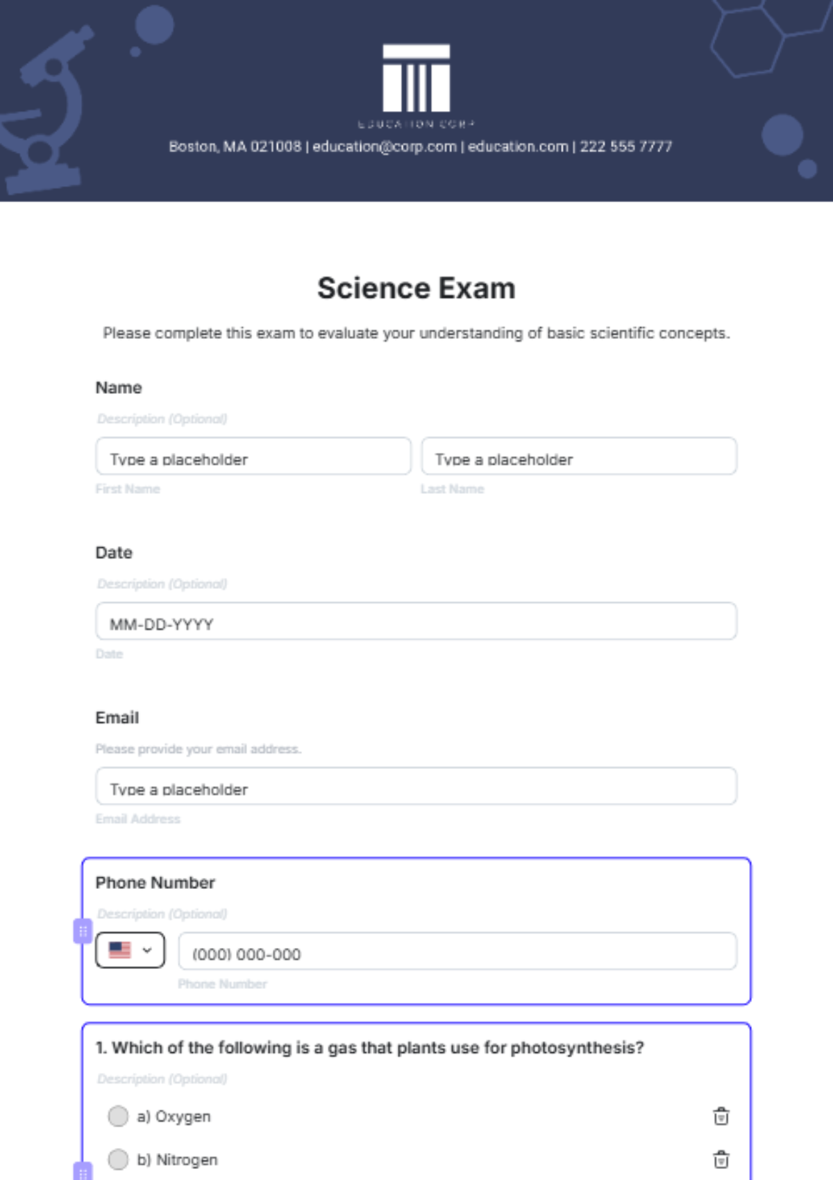 Free Science Exam Template