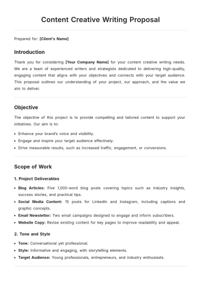 Free Content Creative Writing Proposal Template to Edit Online
