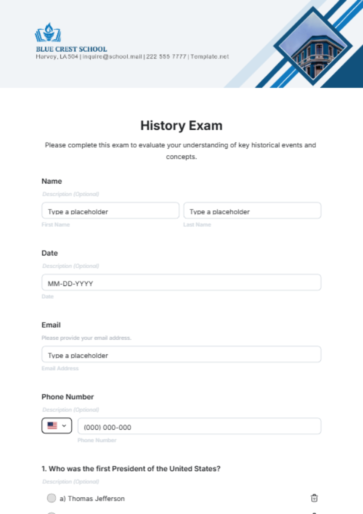 Free History Exam Template