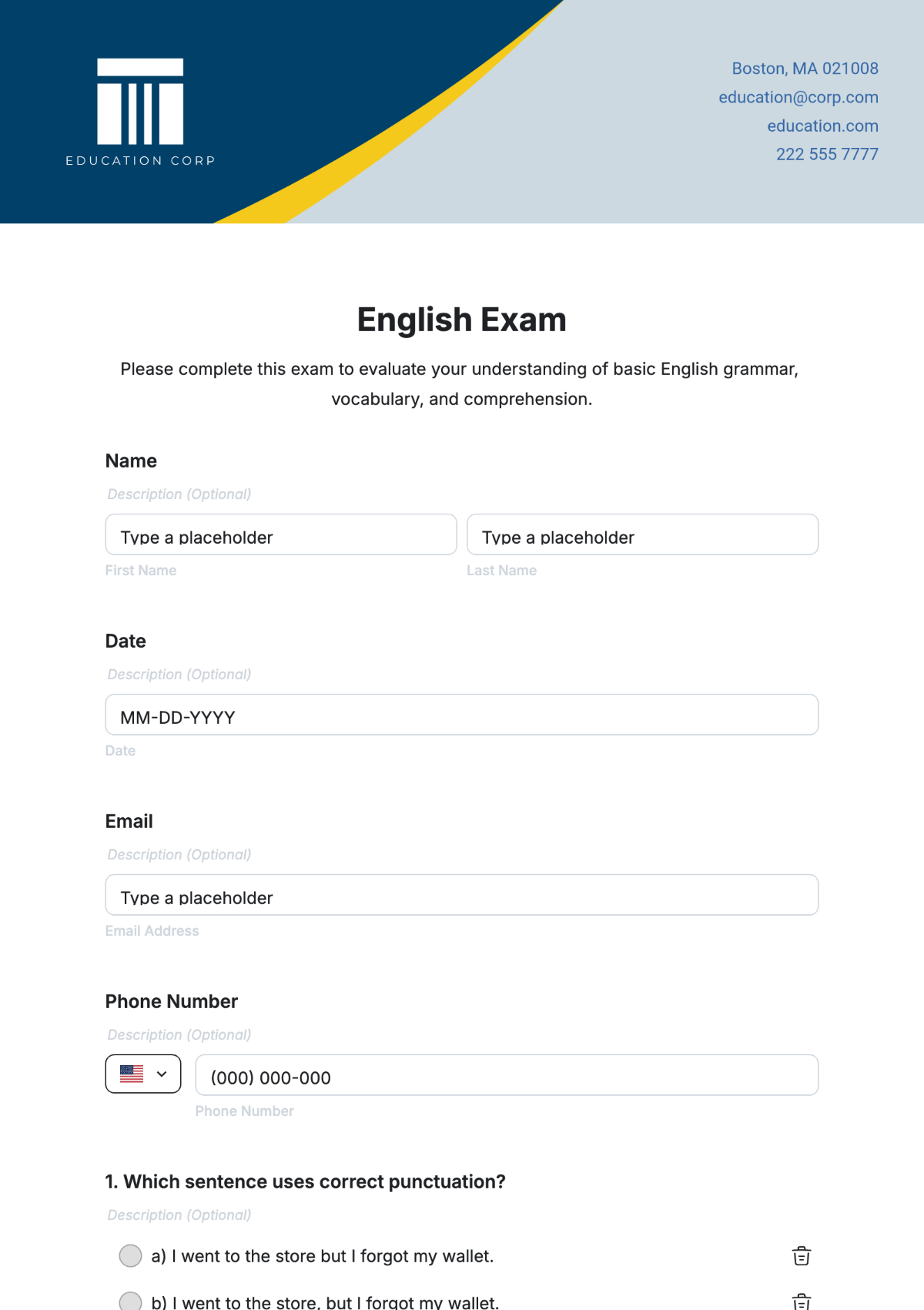 Free English Exam Template