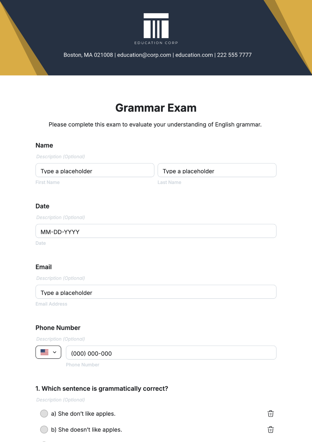 Free Grammar Exam Template