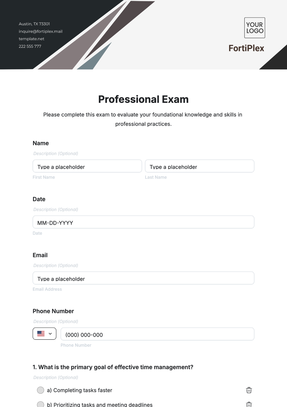 Free Professional Exam Template