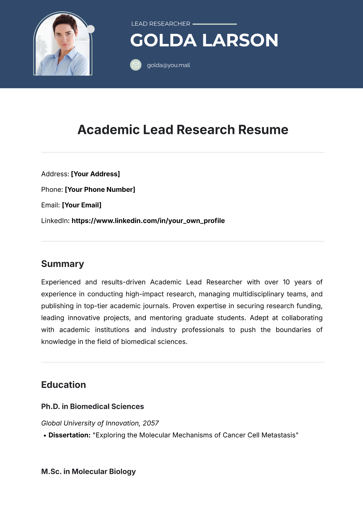 Academic Lead Research Resume Template - Edit Online & Download