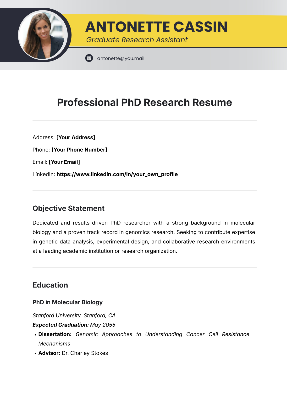 Professional PhD Research Resume Template - Edit Online & Download