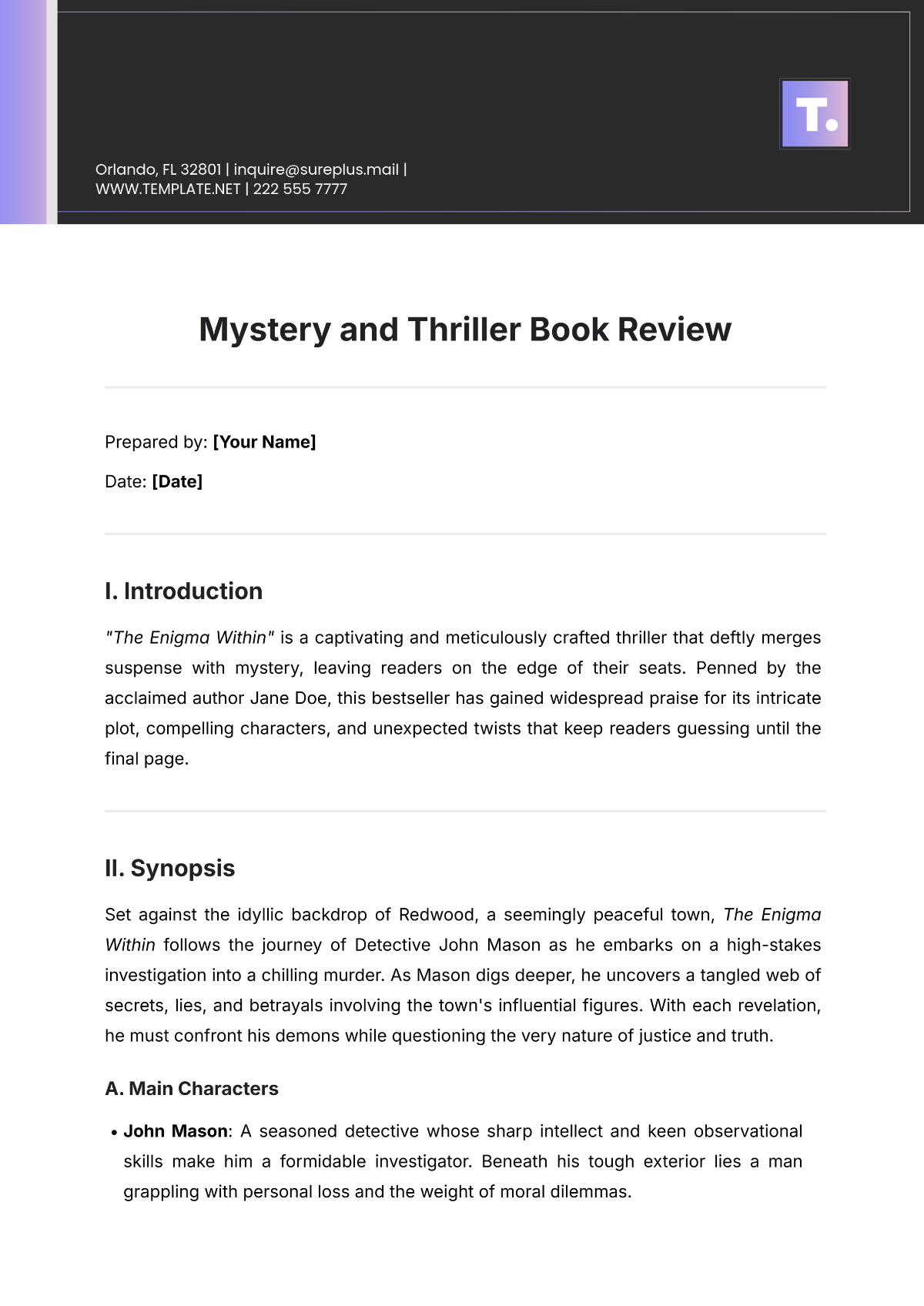 Mystery and Thriller Book Review Template - Edit Online & Download