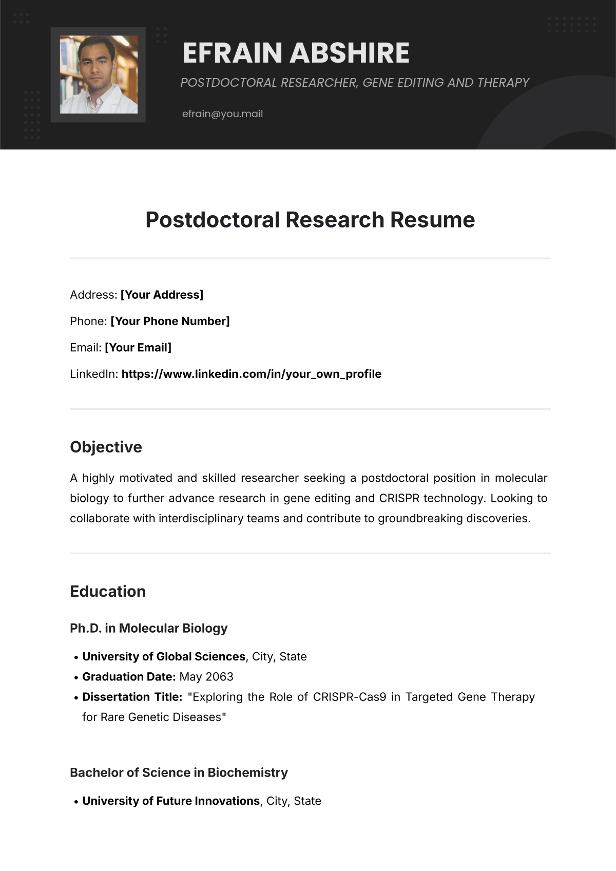 Postdoctoral Research Resume Template - Edit Online & Download