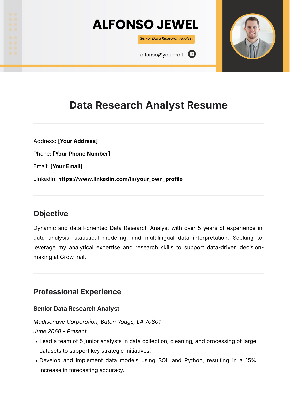 Data Research Analyst Resume Template - Edit Online & Download