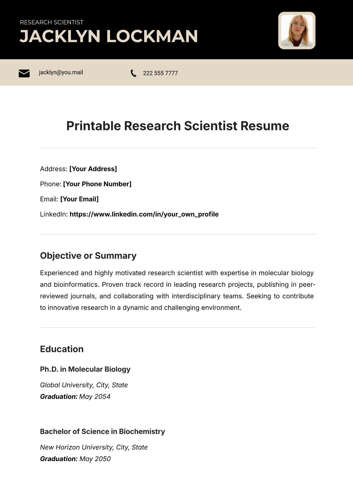 Printable Research Scientist Resume Template - Edit Online & Download