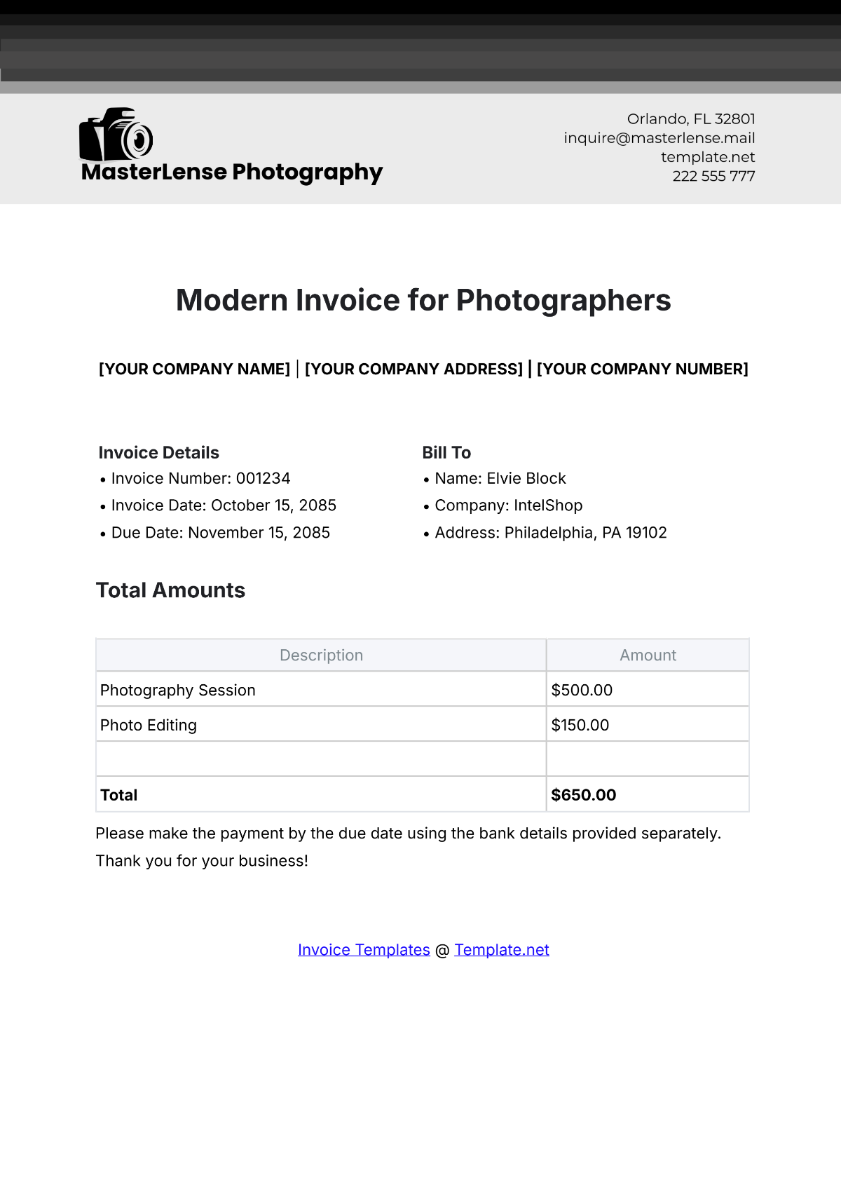 Modern Invoice Template for Photographers - Edit Online & Download